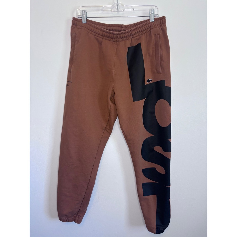 Lacoste Mens Contrast Lettering Joggers Brown Black Logo Cotton Sweatpants Sz L